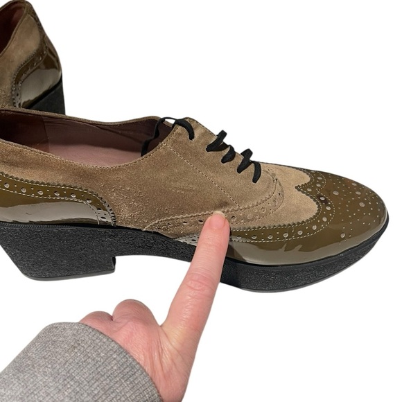 Robert Clergerie lace up platform oxfords leather 9 1/2 green and tan - Picture 10 of 11